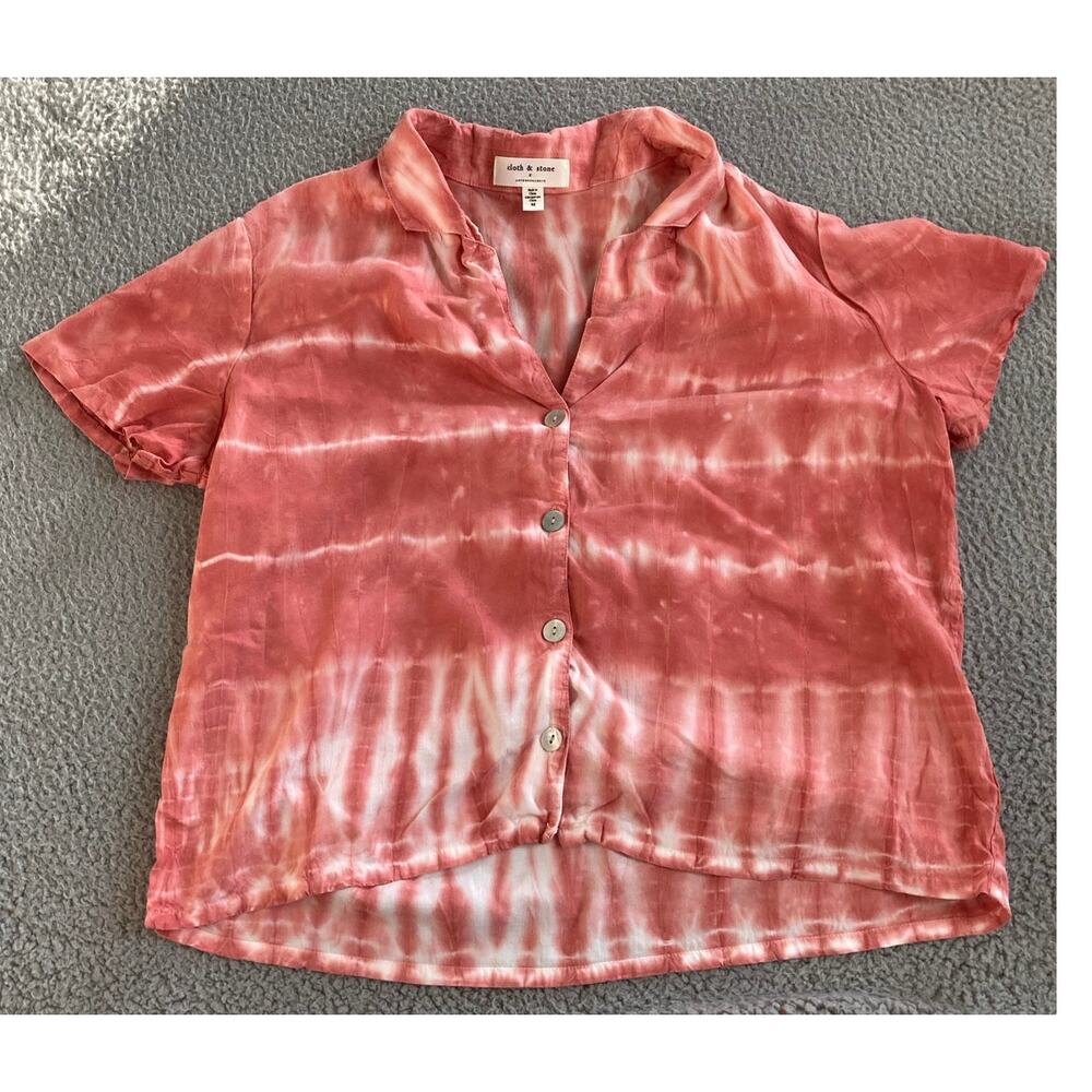 Cloth & Stone Button Shirt Medium Tie Dye Short Sleeve Boho Hippie Red Pink